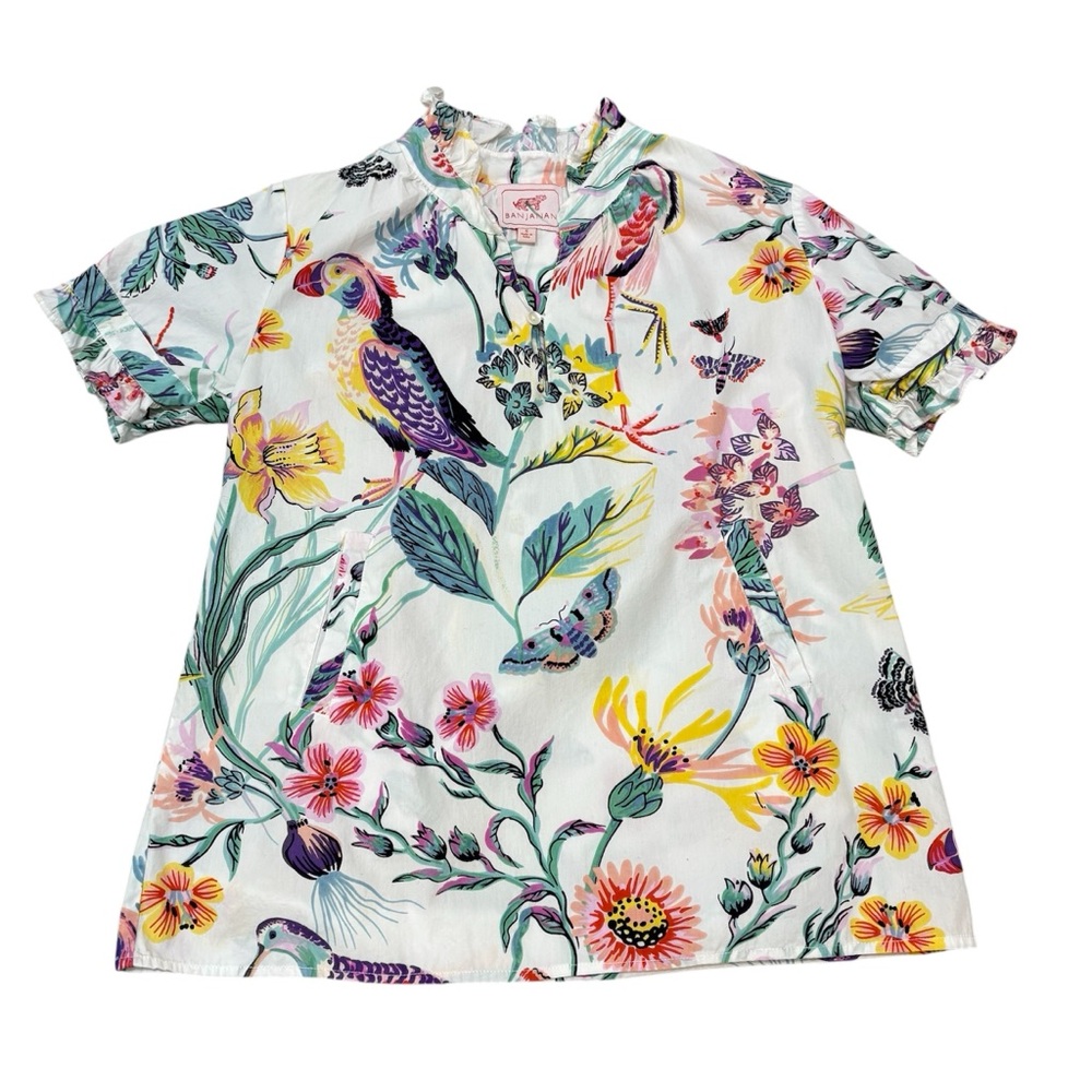 Banjanan Tropical Floral Bird Print Blouse Top Size S
